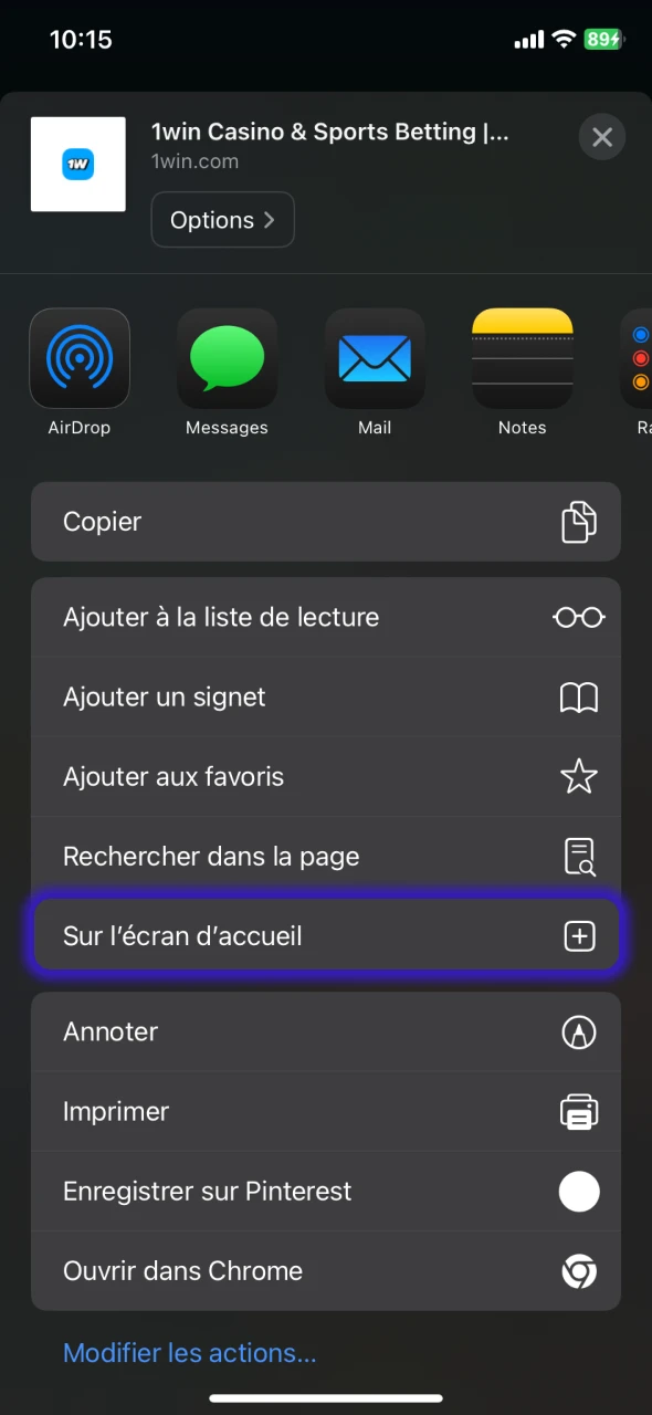 Ajouter le raccourci 1Win à l'écran d'accueil.