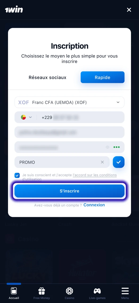 Confirmez la création de votre compte chez 1Win.